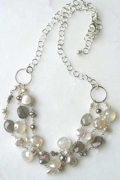 Multi Strand Pearl Necklace Pearl and by SarahCornwellJewelry Pearl And Silver Necklace, Crystal Jewelry Diy, Diy Pearl Necklace, Multi Strand Pearl Necklace, Beaded Projects, Three Strand Necklace, Beautiful Beaded Jewelry, Beaded Ring, Bead Necklaces