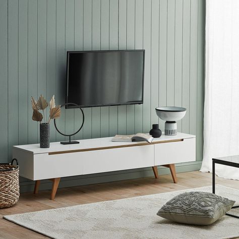 temple and webster green tongue and groove feature wall behind mounted TV set Tv Unit Leg Design, Tv Lounge Paint Ideas, Tv Unit Drawer Design, Mdf Tv Unit Design, T V Unit, T.v Unit Design, Scandinavian Tv Unit, Scandinavian Tv, Tv Niche