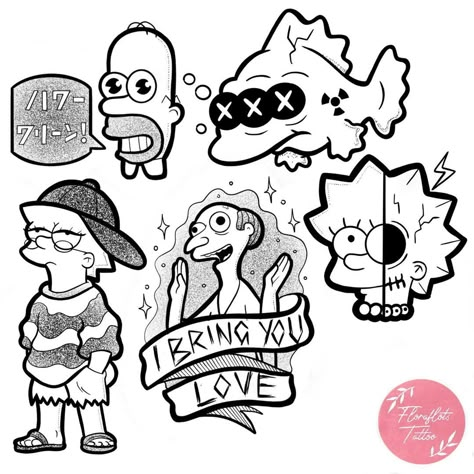 Rebecca 🌿 Tattoo Artist 🌙 on Instagram: “Day 2 of people’s suggestions is Simpsons flash ✌🏻 Still taking suggestions for what I should draw so drop em down below 🙏 All flash…” Cartoon Flash, The Office Flash Sheet, Pop Culture Flash Tattoo, Simpsons Flash Tattoo, Simpson Tattoo, Trippy Flash Tattoo, Simpsons Flash Art, The Simpsons Tattoo, Simpson Tattoo Design