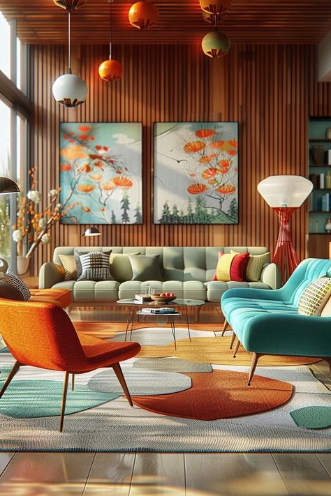 Mid Century Modern Lobby Design, Mid Century Loft Apartment, Bright Sofa Ideas, Mid Century Modern Rec Room, Mid Century Wall Design, 1960s Home Interior, Mid Century Inspired Living Room, 1950 Living Room, Modern Living Room Colorful