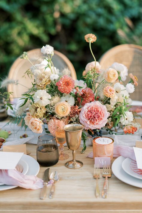 INESSA NICHOLS DESIGN Medium Centerpieces Wedding, Colored Taper Candles, Sunset Color Palette, Peach Bouquet, Martha Weddings, Small Centerpieces, Sunset Color, Wedding Flower Inspiration, Sunset Wedding