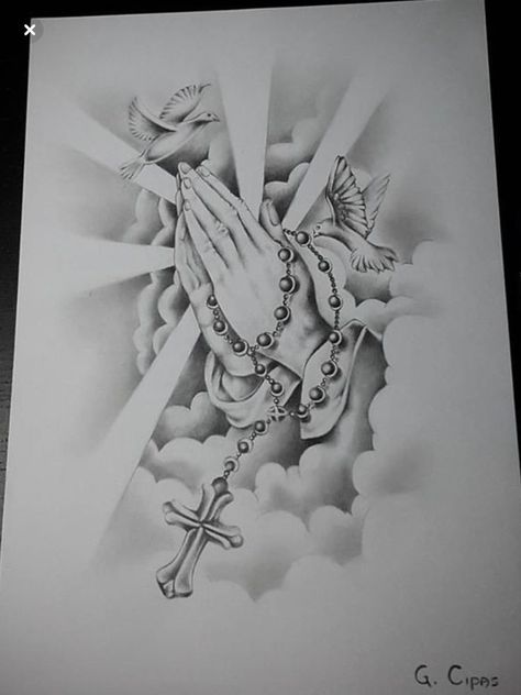 Cholo Tattoo Ideas, Religous Tattoo, Religious Tattoo Sleeves, Tattoo Crane, Praying Hands Tattoo Design, Tattoo Ideas For Guys, Praying Hands Tattoo, Clouds Background, Heaven Tattoos