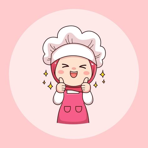 Cute and kawaii hijab female chef or bak... | Premium Vector #Freepik #vector #logo #food #menu #label Cooking Design Art, Cute Chef Cartoon, Logo For Food Business, Female Chef Logo, Logo Design For Food Business, Kawaii Hijab, Cooking Logo Design, Logo For Food, Cooking Cartoon