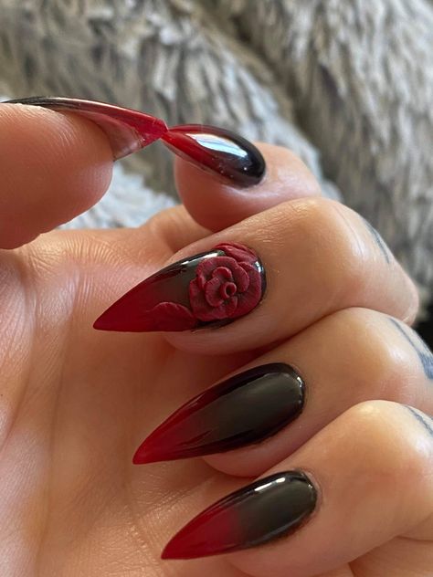 #nails#red#black3dart#rose#besttech#faded Hombre Red And Black Nails, Sharp Red Nails Aesthetic, Black Roses Nails, Red And Black Wedding Nails, Red And Black Ombre Nails Coffin, Red And Black Quince Nails, Nails Acrylic Red And Black, Black Red Ombre Nails, Black And Red Stiletto Nails