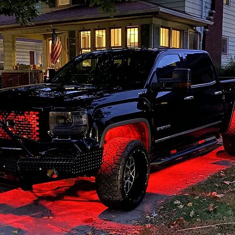 Truck Lights Interior, Truck Led Light Ideas, Jacked Up Trucks With Led Lights, Lifted Trucks With Led Lights, Trucks With Led Lights, Cars With Led Lights, Black Chevy Silverado, Chevy Silverado High Country, Jeep Led Lights