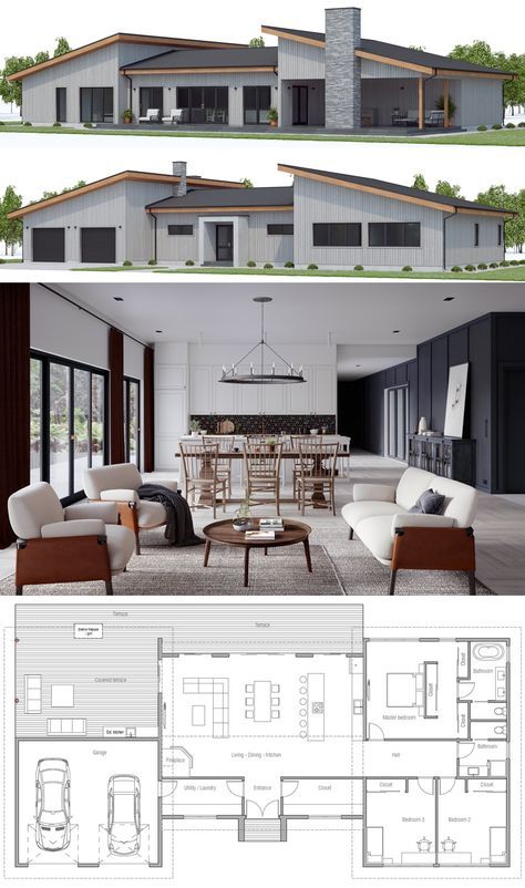 House Plans, Home Plans, House Designs, #houseplans #homeplans #adhouseplans #dwell #archdaily #archilovers Small Modern House Plans, Three Bedroom House Plan, Small Modern Home, Plans House, House Plan Gallery, Plans Modern, Modern House Plan, Pole Barn Homes, Home Plans