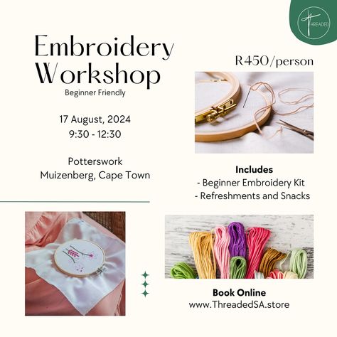 Join us for a Beginner Embroidery Workshop at Potterswork! 🗓️ Saturday, 17 August 2024 ⏰ From 9:30 till 12:30 📍Potterswork, Muizenberg, Cape Town This guided workshop is open to all! You will be taken through the most common embroidery stitches, so no previous experience is required. 🪡 You will receive a starter embroidery kit containing everything needed for the workshop. The kit is yours to take home after. 🧁 Refreshments and snacks will be provided. Limited spots are available so ... Starter Embroidery, We Are Done, Embroidery Workshop, 17 August, Beginner Embroidery, Beginner Embroidery Kit, Embroidery For Beginners, Embroidery Kit, Embroidery Kits