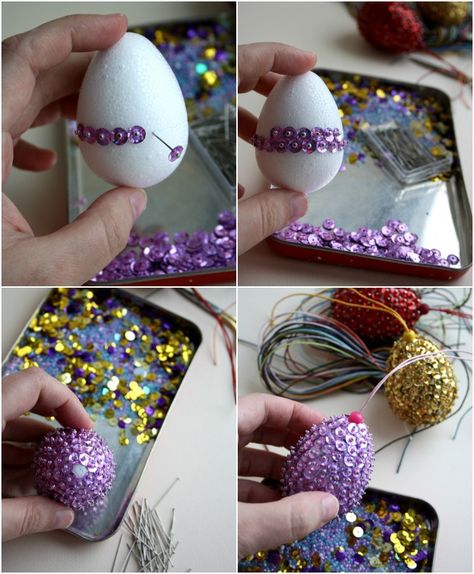 begin from the middle of the styropor egg Egg Crafts For Adults, Styrofoam Egg Crafts, Fest Temaer, Sequin Crafts, Easy Easter Crafts, Crafts For Adults, Easter Egg Crafts, Easter Egg Painting, Easter Eggs Diy