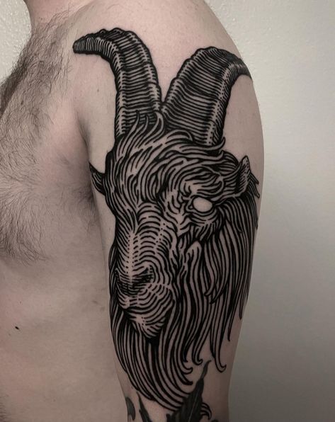 Black Phillip Tattoo, Black Goat Tattoo, Cryptid Tattoo, Goat Tattoos, Medieval Engraving, Goat Tattoo, Etching Tattoo, Los Angeles Tattoo, Woodcut Tattoo