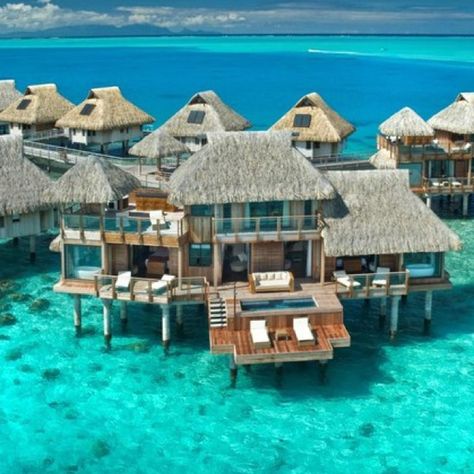 Hilton in Bor-Bora ... Yes, please !! Overwater Bungalows, Thatched Roof, Dream Holiday, Honeymoon Destinations, Vacation Places, Future Travel, Sunset Views, Bora Bora, Dream Vacation