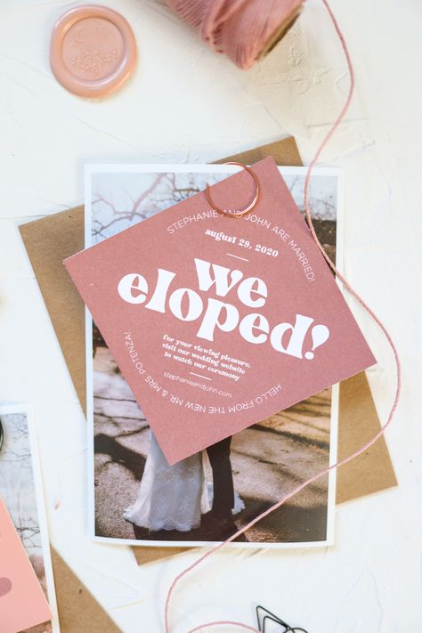 Small Wedding Details, Elopement Cards, We Eloped Announcement, Elopement Invitations, Retro Elopement, Eloped Wedding, Rustic Elopement, Engagement Announcement Cards, Wedding Stationary Design