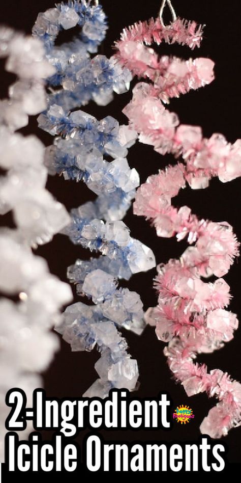 Turn pipe cleaners into crystallized icicles to hang to hang on the Christmas tree with this simple Borax and Water experiment. #HappyHooligans #Science #Kids #Homemade #Ornaments #PipeCleaner #Borax #Experiment Ice Cycle Christmas Tree, Borax Snowflakes How To Make, Diy Ice Cycle Ornaments, Crystal Christmas Tree Decorations Diy Ornaments, Christmas Crafts Ornaments Diy Projects, Easy Pipe Cleaner Crafts For Kids Christmas, Christmas Tree Ornaments For Kids To Make, Borax Icicle Ornaments, Epsom Salt Ornaments Diy