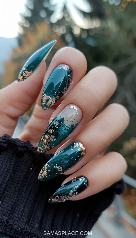 Embrace the holiday spirit with 30+ trendy December nails ideas for 2024. From shimmering glitter accents to sophisticated matte finishes, these designs are perfect for winter celebrations. Experiment with festive colors like emerald green, candy cane red, and icy blue, or try detailed nail art featuring snowflakes, ornaments, and frosty patterns. These styles suit every vibe, whether you're going for a classic holiday look or a modern, minimalist design. #DecemberNails2024 #HolidayNailTrends Green And Black Christmas Nails, Yule Nails Winter, New Years Acrylic Nails Design, Gold And Teal Nails, Nails December 2024, Green And Rose Gold Nails, Green Emerald Nails, Emerald Green Christmas Nails, Winter Solstice Nails