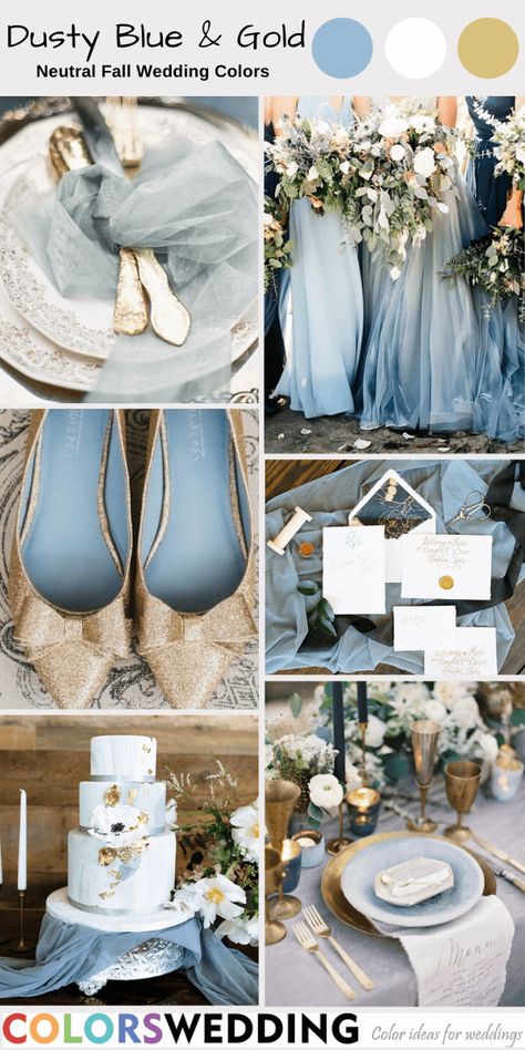 Dusty Blue Fall Wedding Decor, Wedding Decorations Blue And Gold, Blue Colour Scheme Wedding, Powder Blue And Gold Wedding, Light Blue Boho Wedding, Dusty Blue And Gold Wedding Theme, Light Blue Gold Wedding, Light Blue And Gold Wedding, Dusty Blue And Gold Wedding