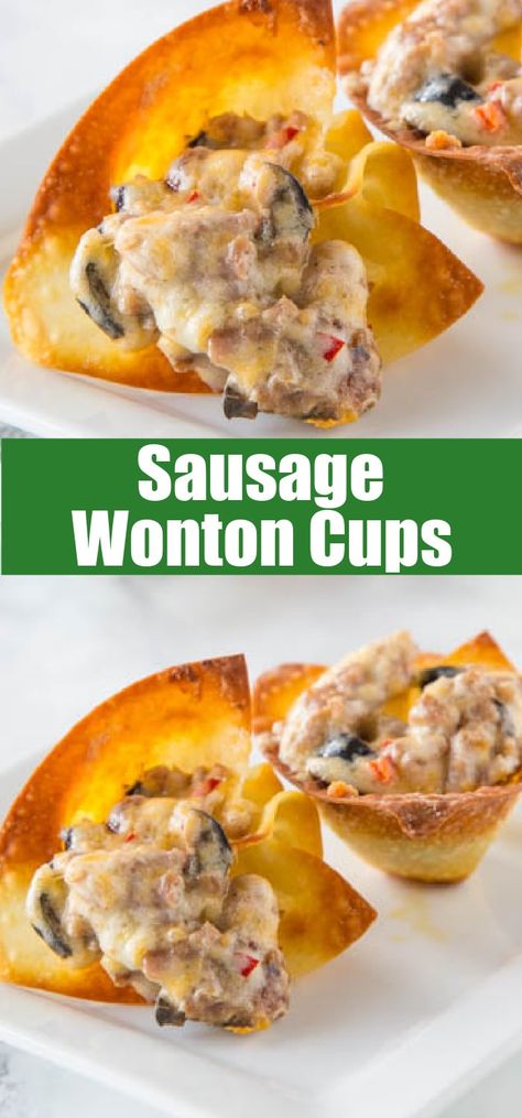 Wanton Wrapper Recipes, Sausage Wonton Cups, Wonton Wrapper Recipes Appetizers, Wonton Appetizer Recipes, Wonton Cups Appetizers, Party Munchies, Wrapper Recipes, Appetizer Wraps, Wonton Appetizers