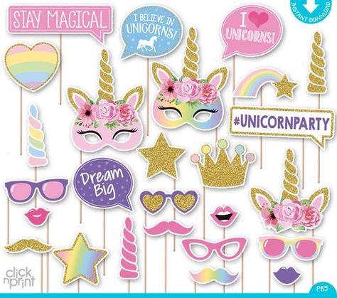 Bday Games, Unicorn Photo Booth, Photo Booth Props Free, Photo Booth Props Birthday, Photobooth Props, Unicorn Themed Birthday Party, Unicorn Photos, Unicorn Printables, Unicorn Cake Topper