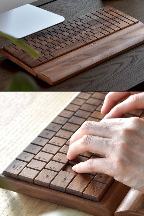 Gifts For Work From Home, Mechanical Keyboards Aesthetic, Cool Keyboards, Mechanical Keyboard Aesthetic, Keyboards Aesthetic, Wood Computer Case, Architecture Accessories, Wood Keyboard, Wooden Keyboard