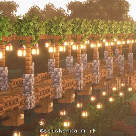 Minecraft Mine Staircase, Minecraft Mountain Stairs Ideas, Minecraft Japanese Pathway, Minecraft Campsite Ideas Aesthetic, Minecraft Bridge Aesthetic, Minecraft Railway Bridge, Stairs Ideas Minecraft, Cute Minecraft Pathways, Minecraft Bridge Ideas Long Distance