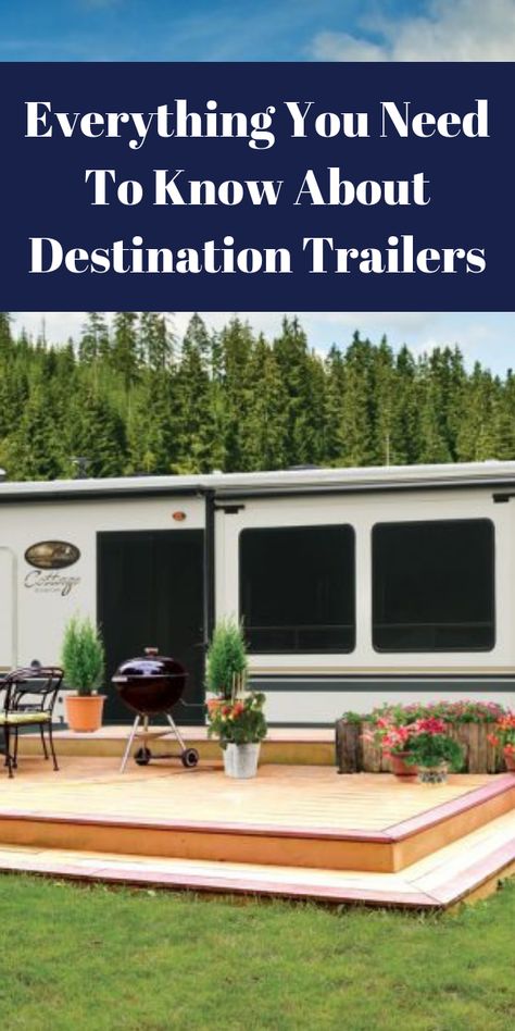 Park Model Trailer Deck Ideas, Destination Trailers Decorating, Travel Trailer Permanent Site Ideas, Destination Trailer Deck Ideas, Rv Underpinning Ideas, Destination Rv Trailers, Destination Trailers Living, Rv Shelter With Deck, Rv Porches And Decks Diy