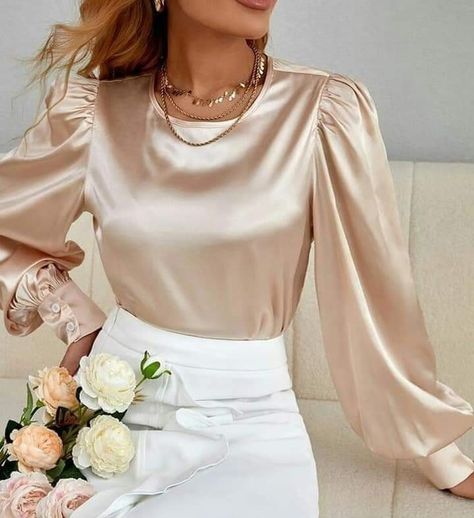 Satin Top With Sleeves, Satin Blouse And Skirt Outfit, Satin Top Hijab, Satin Top And Skirt Outfit, Fuschia Blouse Outfit, Tops For Women With Skirt, Satin Top Design, Blouse Satin Hijab, Long Sleeve Chiffon Tops