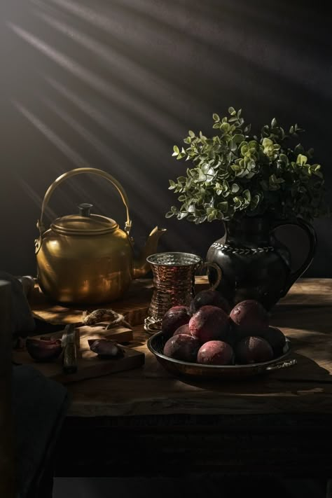 Witch Still Life, Still Life Images Photography, Still Life Drawing Reference, Kettle Photography, Witch Tea, Oil Photography, Studio Baby Photography, Creative Food Photography, Indian Food Photography