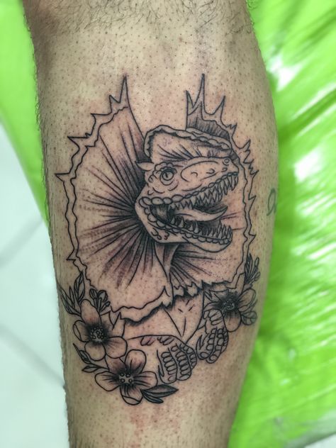 Jurrasic Park Jurrasic World Tattoo, Dilophosaurus Tattoo, Jurrasic Park Tattoo, Jurassic Park Tattoo, Dino Tattoo, Dino Drawing, Dinosaur Tattoo, Full Leg Tattoos, Dinosaur Tattoos