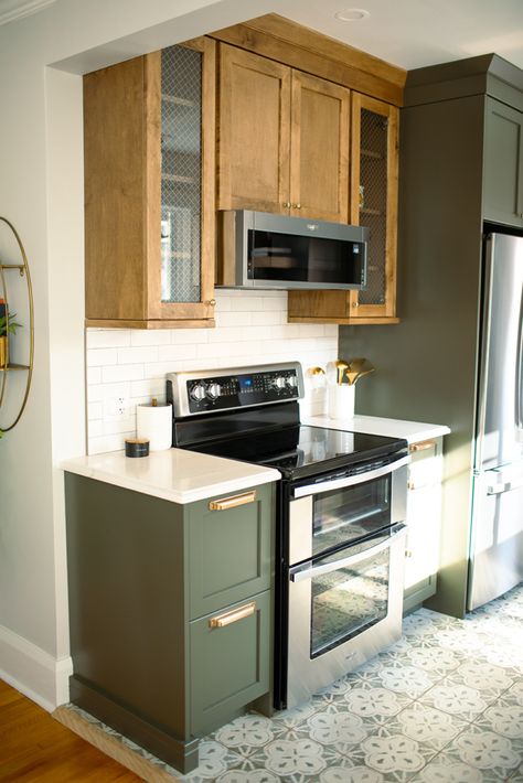 Harvest | Superior Cabinets Repainted Cabinets Kitchen, Beveled Kitchen Cabinets, Painted Lower Cabinets Wood Upper, Dark Green Lower Kitchen Cabinets, Painted Lower Kitchen Cabinets, Wood Upper Cabinets Painted Lower, Green Lower Kitchen Cabinets, Green Painted Cabinets, Superior Cabinets