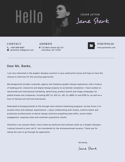 Graphic Designer Cover Letter Template | Visme Designer Cover Letter, Project Manager Cover Letter, Creative Cover Letter, Effective Cover Letter, Motivation Letter, Motivational Letter, Professional Cover Letter, Job Letter, Best Cover Letter