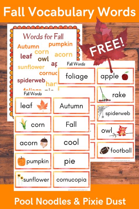 Fall Vocabulary Words - Free Fall Vocabulary Word CardsPool Noodles and Pixie Dust Vocabulary Kindergarten, Fall Homeschool, Kindergarten Stations, September Lessons, Kindergarten Vocabulary, Kindergarten Thanksgiving, Fall Vocabulary, Thanksgiving Classroom, Fall Writing