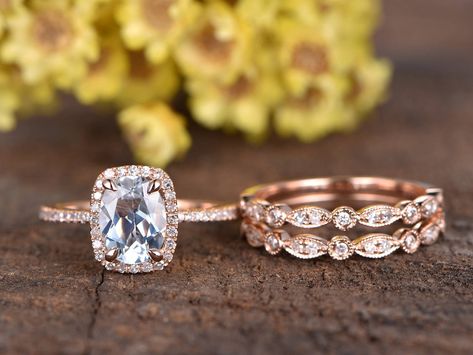 Oval Aquamarine Engagement Ring Cushion Halo Diamond Wedding Band Art Deco Matching Band 3PCS Rose Gold Wedding Set 14K Antique Emerald Engagement Ring, Aquamarine Gold Ring, Engagement Ring Cushion, Opal Engagement Ring Set, Citrine Ring Engagement, Rose Gold Ring Set, Cushion Halo Engagement Ring, Cute Engagement Rings, Cushion Halo