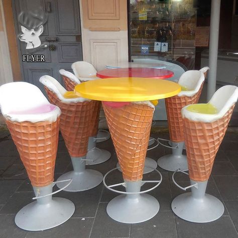 Furniture Shaped Like Food, Trap House Decor, Ice Cream Chairs, Food Furniture, Cream Chair, Cream Furniture, Ice Cream Business, Weird Furniture, Resin Tables