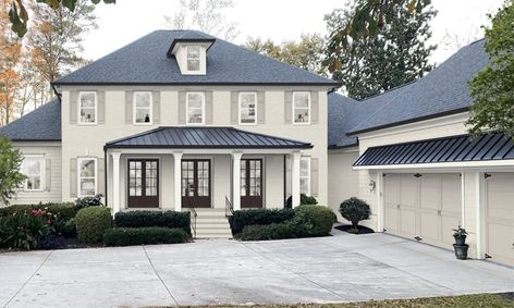 Our Review of Worldly Gray by Sherwin Williams - brick&batten Worldly Gray Sherwin Williams Exterior, Worldly Gray Sherwin Williams, Brown Shutters, Grey Brick Houses, Gray Sherwin Williams, Sherwin Williams Exterior, Stucco Colors, Worldly Gray, Sherwin Williams Gray