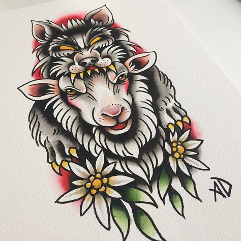 Cunning color-ink sheep in wolf clothing with flowers tattoo design Wolf Sheep Tattoo Traditional, Sheep In Wolf's Clothing Tattoo, Wolf In Sheep’s Clothing Tattoo, American Traditional Lamb Tattoo, Wolf And Lamb Tattoo, Wolf And Sheep Tattoo, Traditional Sheep Tattoo, Sheep In Wolves Clothing Tattoo, Sheep In Wolf Clothing