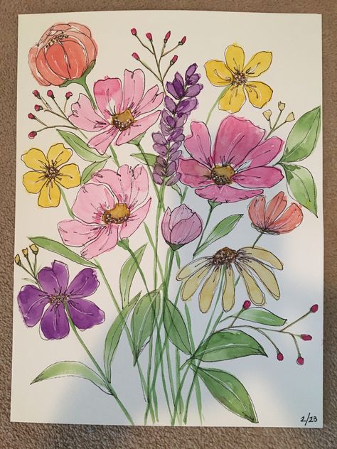 Cool Watercolor Painting Ideas, Simple Purple Flower Painting, Flower Vase Painting Watercolor, Pretty Art Drawings, Flower Drawing Design Pattern, Colourful Flowers Drawing, Different Flowers Drawings, Wild Flower Drawings, Flower Arrangement Drawing