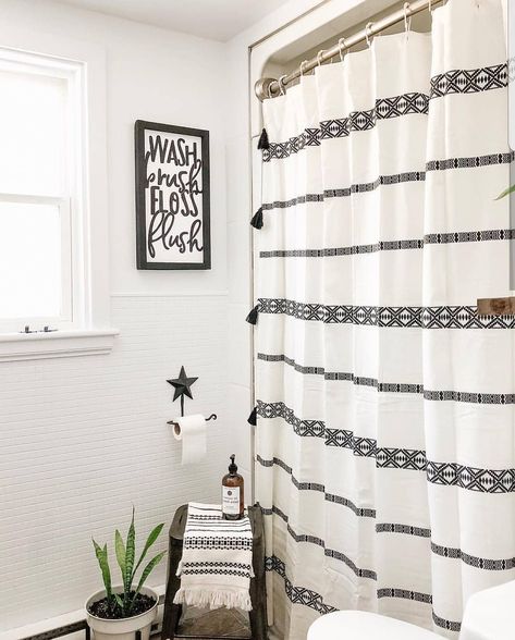 Farmhouse Stylebook on Instagram: “Black and white bath ❤ 🌿  @wallsbeamsloveanddreams  #farmhouse #farmhousedecor #farmhousebedroom #farmhousebath #interiordesign #rustic…” Black And White Shower Curtain, Farmhouse Shower Curtain, Black Shower Curtains, Farmhouse Shower, Restroom Decor, Modern Farmhouse Bathroom, White Shower Curtain, Black And White Tiles, White Shower