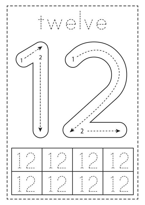 Tracing number twelve. Preschool worksheet. Black and white. Number 12 Worksheet, Fun Preschool Worksheets, Preschool Pictures, Preschool Number Worksheets, Pre K Worksheets, Free Printable Numbers, Numbers Kindergarten, Number Tracing, Number 12