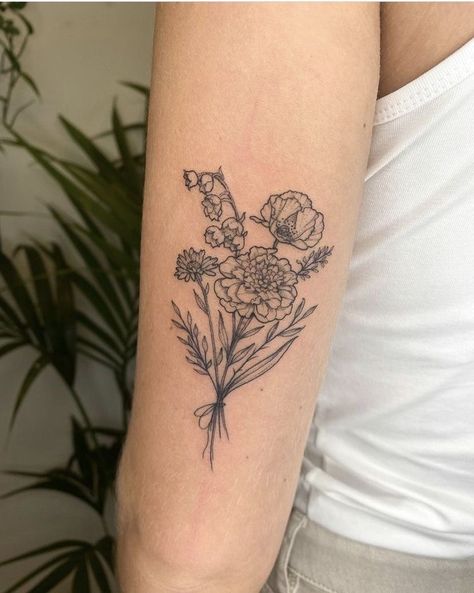 Carnation And Hawthorn Tattoo, Bouquet Of Marigolds Tattoo, Carnations Bouquet Tattoo, Carnation Flower Bouquet Tattoo, Back Bouquet Tattoo, Flower Bouquet Tattoo On Arm, Back Arm Flower Tattoo, Illustrative Flower Tattoo, Bouquets Of Flowers Tattoo