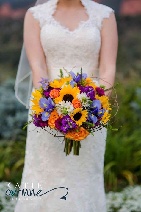 Beautiful Wedding Bouquet Ideas Sunflowers And Lilacs, Sunflower And Purple Wedding Bouquet, Bright Wedding Bouquet Summer, Colorful Sunflower Bouquet, Sunflower Wedding Bouquet Summer, Iris Wedding Bouquet, Purple And Yellow Wedding, Bouquet With Sunflowers, Bright Summer Flowers