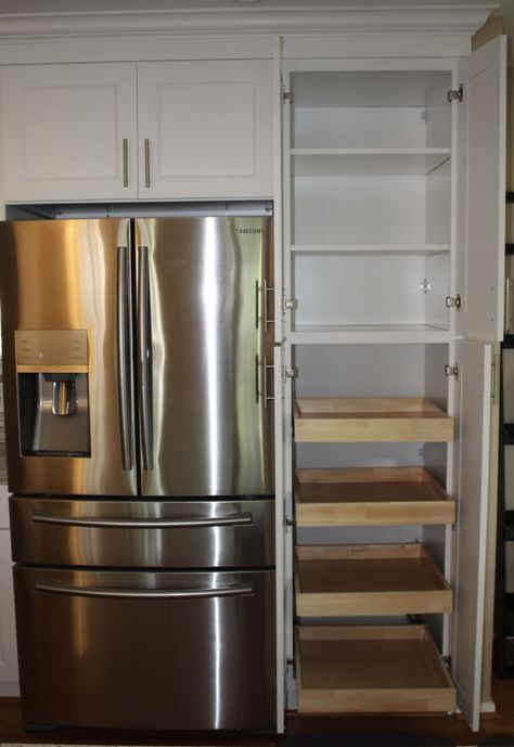 Kitchen Cabinets With Storage, Island Pantry Storage, Next To Fridge Pantry, Best New Kitchen Ideas, Storage Around Fridge Built Ins, Pantry Cabinet Small Kitchen, Kitchen Pantry With Fridge, Pantry In Cabinets Small Kitchens, Kitchen Cabinets Next To Fridge