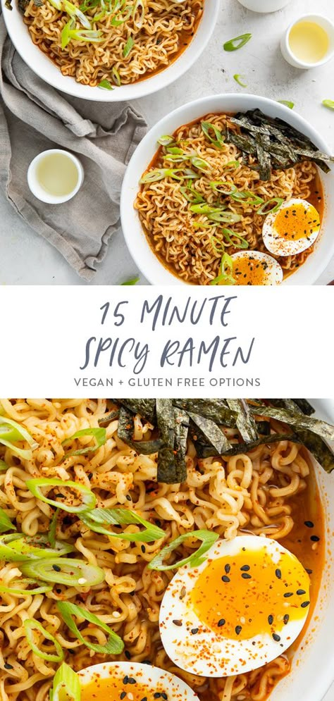 This spicy ramen is made in just about 15 minutes with a soy-ginger broth that’s perfectly spicy and savory. Perfect topped with soft boiled eggs, green onions, nori, or chicken, pork or tofu, it's an excellent and budget friendly lunch. Use basic ramen noodles or gluten free - talk about a ramen hack or upgrade! #asian #quick #easy #ramenhack #cheap Pok Choi, Ramen Spicy, Gluten Free Ramen, Ramen Toppings, 40 Aprons, Ramen Broth, Spicy Ramen, Gluten Free Noodles, Ramen Noodle Recipes