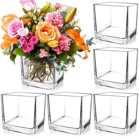 Small Table Flower Arrangements Simple, Square Wedding Centerpieces, Landscaping Centerpieces, Wedding Floral Table Arrangements, Glass Table Centerpieces, Candle And Flower Centerpieces, Small Floral Centerpieces, Square Vase Centerpieces, Small Flower Centerpieces