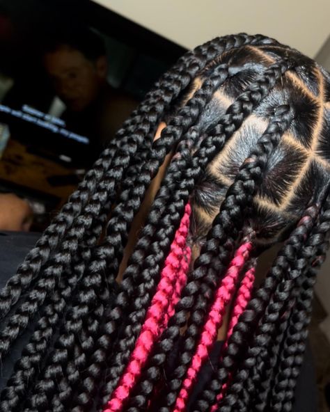 Big Braids With Color, Jumbo Box Braids Peekaboo, Large Knotless Box Braids Peek A Boo, Large Box Braids Styles With Color, Jumbo Peekaboo Braids, Peekaboo Jumbo Knotless Braids, Jumbo Knotless Box Braids Peekaboo, Pink Jumbo Knotless Box Braids, Large Peekaboo Knotless Braids