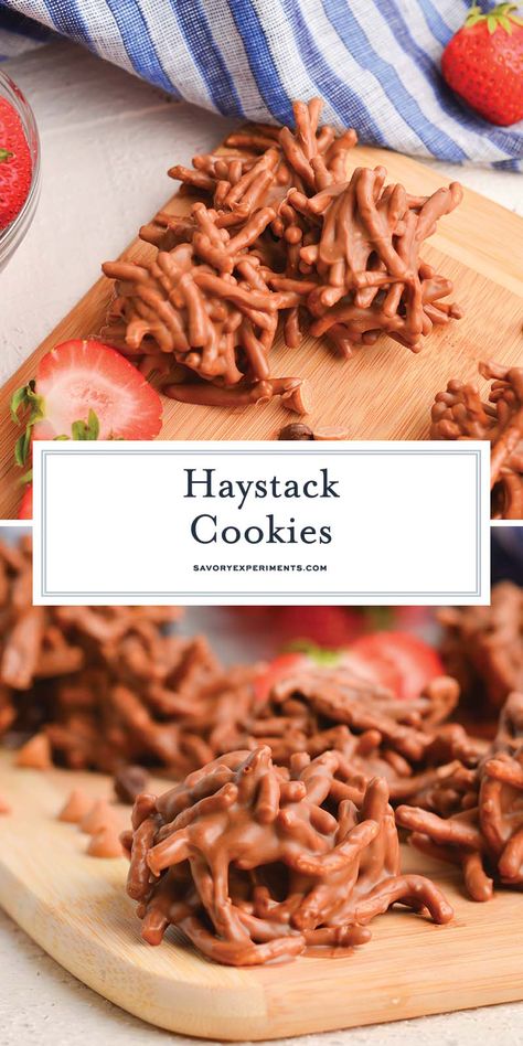 These EASY Haystack Cookies are a luscious mixture of sweet chocolate, butterscotch, and peanut butter with crunchy chow mein noodles! Peanut Butter Haystacks Recipe, Haystack Cookies, Haystacks Recipe, Applesauce Cookies, Banana Cookie Recipe, Amazing Cookie Recipes, Chow Mein Noodles, Peanut Recipes, Peanut Butter Oatmeal Cookies