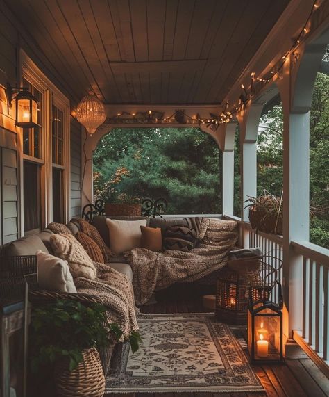 Porch At Night, Cottage Houses, Big Balcony, Aesthetic Dream, Future Goals, Dream House Interior, Autumn Decor, Balcony Garden, Cozy Space