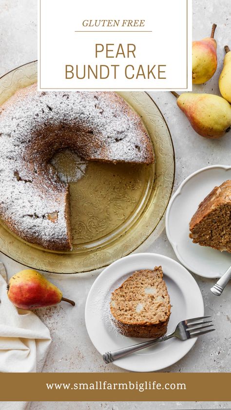 This easy gluten free pear bundt cake recipe is made with fresh pears. Baking gluten free bundt cakes from scratch is one of my favorite desserts. This spiced pear cake is perfect for fall and is amazing with powdered sugar sprinkled on top. Bundt Cakes From Scratch, Pear Bundt Cake, Gluten Free Bundt Cake, Cakes From Scratch, Baking Gluten Free, Gluten Free Cake Recipe, Bundt Cake Recipe, Pear Cake, Cake Recipes Easy Homemade