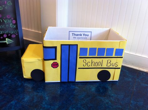 School bus drop off box School Bus Made Out Of Cardboard, School Drive Box Ideas, Cardboard Box School Bus, School Bus Box Diy, Back To School Donation Box Ideas, School Supply Drive Box Ideas, Cardboard Bus, Ramadan Craft, School Donations