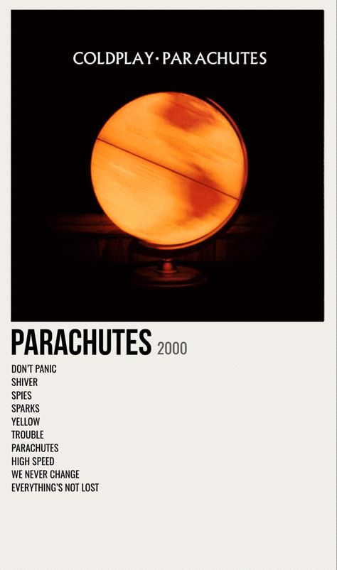 minimal poster of the album parachutes by coldplay Coldplay Parachutes Poster, Coldplay Album Poster, Sparks Coldplay Poster, Coldplay Parachutes Wallpaper, Cold Play Poster, Coldplay Parachutes Tattoo, Coldplay Poster Aesthetic, Coldplay Room Decor, Parachutes Album Cover