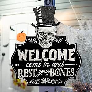 Door Decoration Halloween, Welcome Sign Halloween, Halloween Door Decoration, Warm String Lights, Easter Inflatables, Hanging Welcome Sign, Halloween Welcome Sign, Wood Door Sign, Skeleton Decor