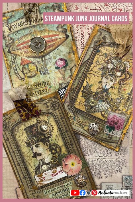 Steampunk junk journal cards #steampunk #junjournalcards #craftycat #steampunkcraft #AntonioMakes #junkjournal #JunkJournalIdeas #DIYJunkJournalEphemera #JunkJournalInspiration #SimpleJunkJournalIdeas #BeginnerJunkJournaling #JunkJournalDecoration #EasyJunkJournalEphemera #junkjournalembellishment Steampunk Junk Journal, Steampunk Scrapbook, Junk Journal Ideas, Junk Journal Cards, Steampunk Crafts, Mixed Media Tags, Junk Art, Origami Paper, Journal Cards