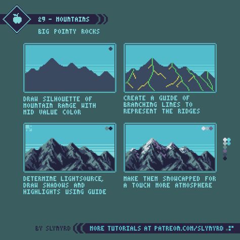 Pixel Art Clouds Tutorial, Mountain Tutorial Digital, Pixel Art Mountain Landscapes, How To Make Pixel Art Tutorials, Pixel Art Begginers, Pixel Tutorial Art, How To Pixel Art Tutorials, Pixel Art Practice, Pixel Art Guide